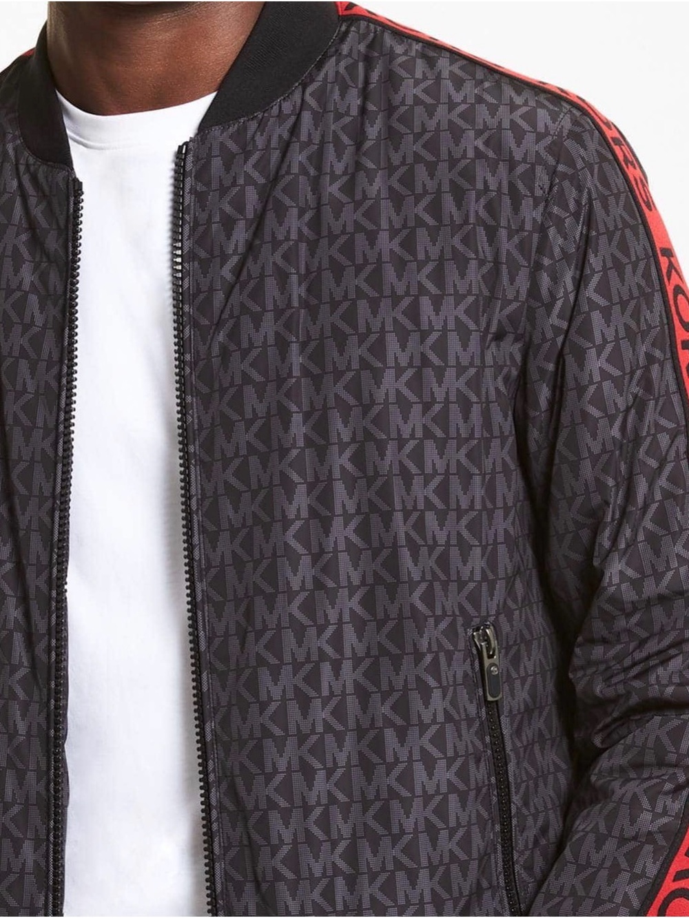 Michael Kors Black MK Logo Bomber Jacket with Red Shoulder Stripe